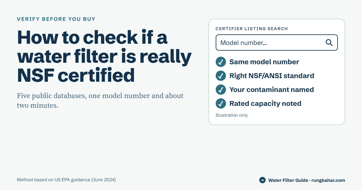 Illustration of a certifier listing search with a checklist: same model number, right NSF/ANSI standard, your contaminant named, rated capacity noted