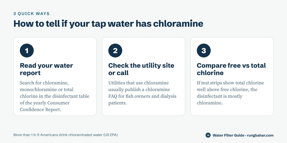 Three steps to check for chloramine: read the yearly water quality report, check the utility website or call, and compare free and total chlorine with test strips
