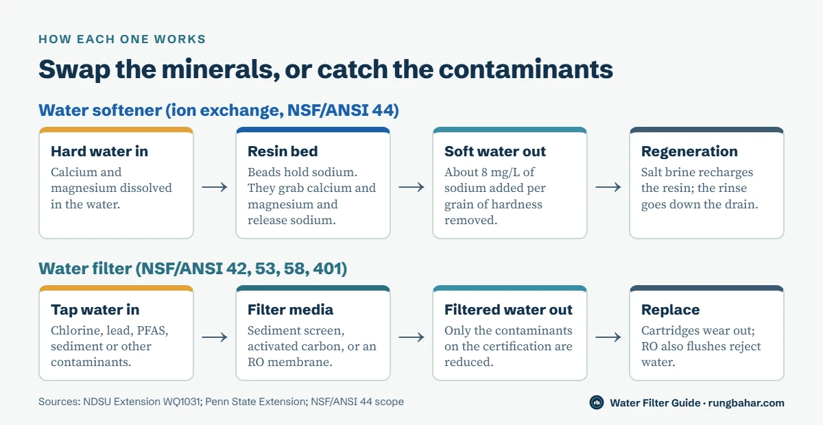 Flow diagram: softener resin swaps calcium and magnesium for sodium, about 8 mg/L sodium per grain removed, and regenerates with brine; a filter passes water through sediment, carbon or an RO membrane and its cartridges are replaced