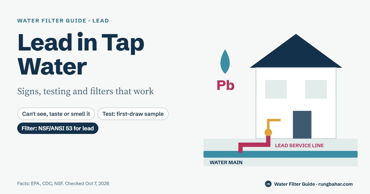 Lead in Tap Water guide cover showing a house with a lead service line running from the water main, and three key facts: lead cannot be seen, tasted or smelled; test with a first-draw sample; use a filter certified to NSF/ANSI 53 for lead