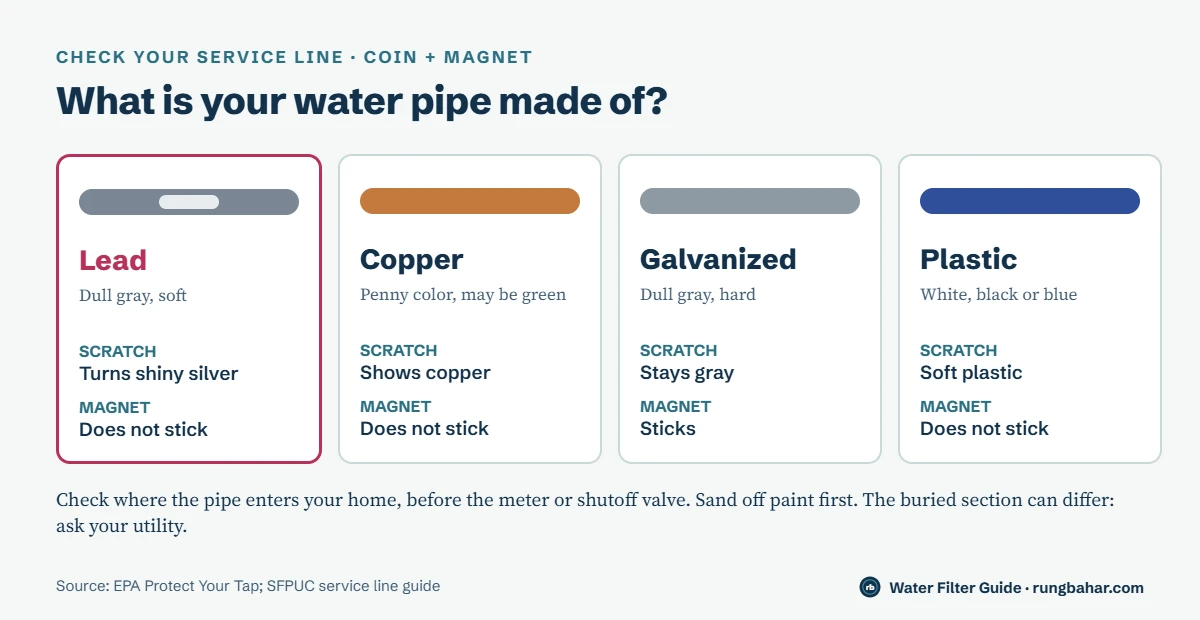 Chart for identifying a water service pipe: lead is dull gray, soft, scratches shiny silver and a magnet does not stick; copper scratches to copper color; galvanized steel stays gray and a magnet sticks; plastic is white, black or blue