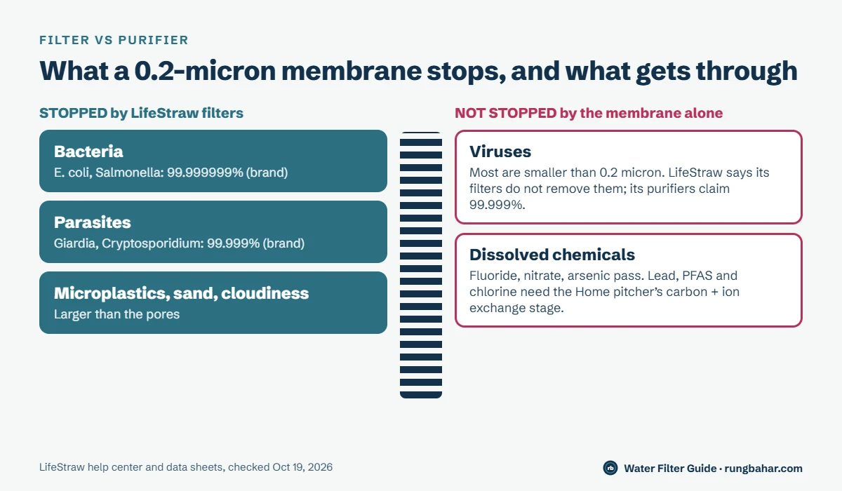 Diagram: a 0.2-micron LifeStraw membrane stops bacteria, parasites and microplastics but not most viruses or dissolved chemicals such as fluoride, nitrate and arsenic; LifeStraw purifiers claim 99.999% virus removal