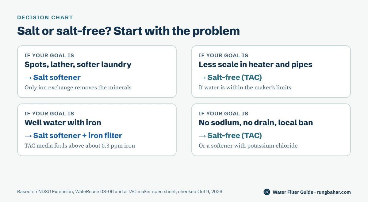 Decision chart: choose a salt softener for spots, lather and well water with iron; choose a salt-free TAC conditioner for scale in the heater and pipes, no sodium, no drain or local bans