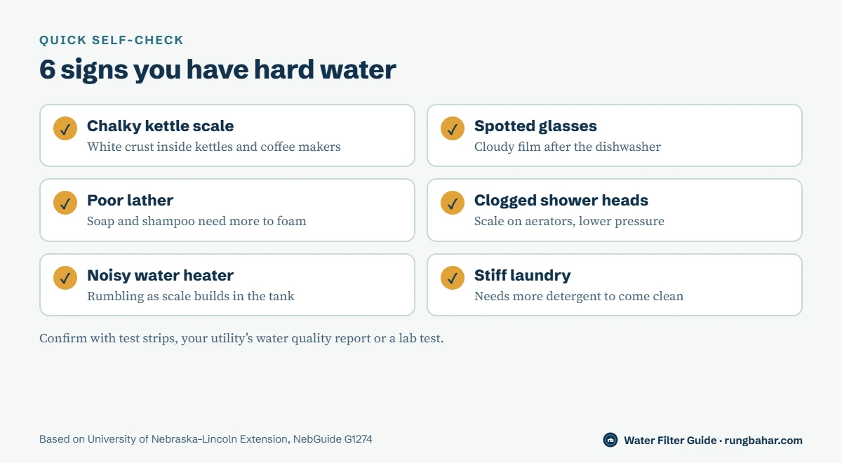Checklist of six signs of hard water: kettle scale, spotted glasses, poor lather, clogged shower heads, noisy water heater and stiff laundry