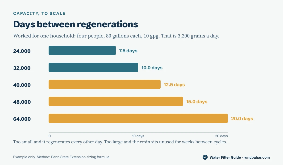 Bar chart drawn to scale for a four person household at 10 grains per gallon using 3,200 grains a day: a 24,000 grain unit regenerates every 7.5 days, 32,000 every 10 days, 40,000 every 12.5 days, 48,000 every 15 days and 64,000 every 20 days