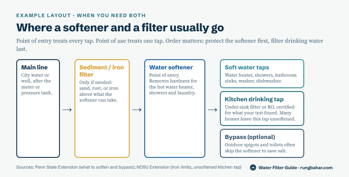 Example plumbing layout: main line, optional sediment or iron filter, water softener at point of entry, then soft water taps, a kitchen drinking tap with an under-sink filter or RO, and optional bypass for outdoor spigots and toilets