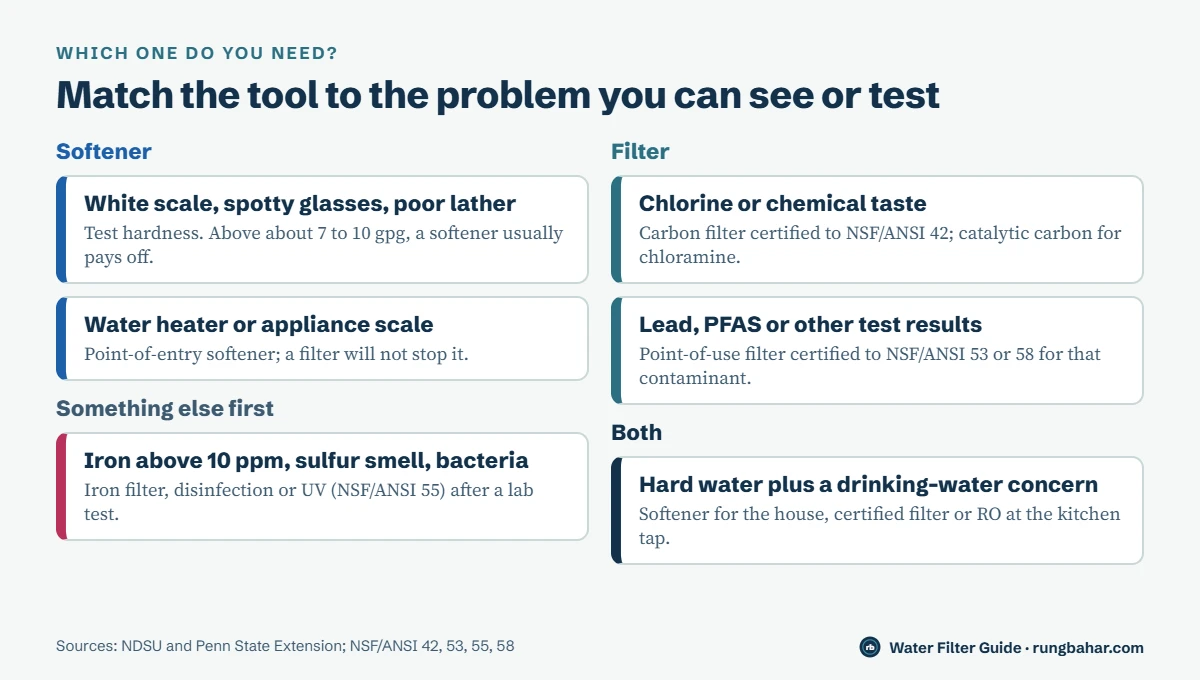 Decision chart: scale, spots and poor lather point to a softener; chlorine taste, lead or PFAS point to a certified filter; high iron, sulfur smell or bacteria need other treatment first; hard water plus a drinking-water concern needs both