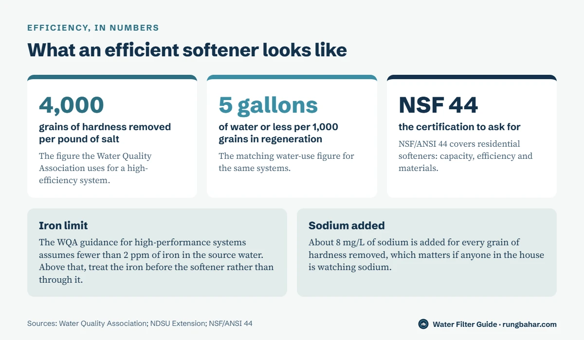Three figures for an efficient softener: 4,000 grains of hardness removed per pound of salt, five gallons or less of water per 1,000 grains during regeneration, and NSF/ANSI 44 as the certification to ask for, plus notes that source water should have under 2 ppm iron and that about 8 mg/L of sodium is added per grain of hardness removed