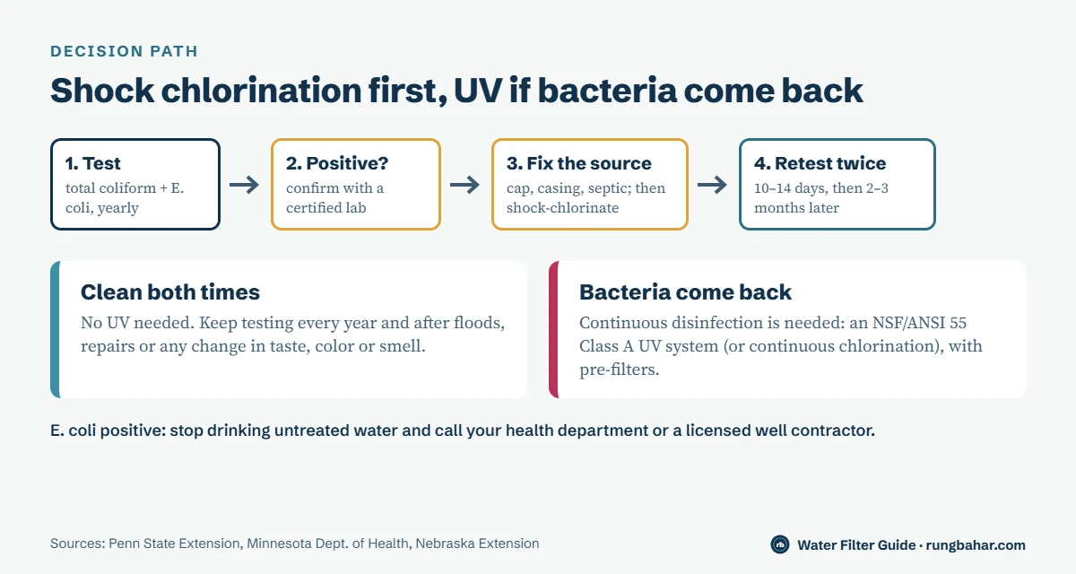Flow chart: test for total coliform and E. coli, confirm a positive, fix the source and shock-chlorinate, retest after 10 to 14 days and 2 to 3 months; clean results mean no UV, returning bacteria mean continuous disinfection such as Class A UV