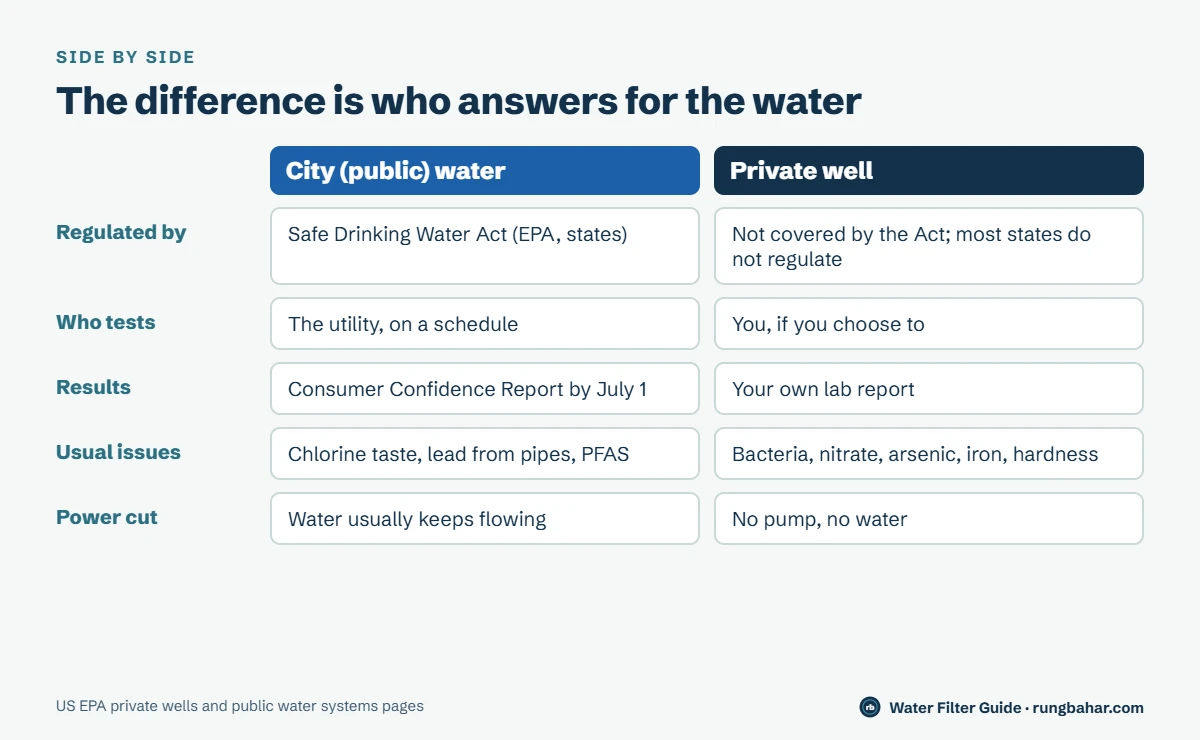 Comparison of city water and private wells: city water is regulated under the Safe Drinking Water Act and tested by the utility with an annual report; private wells are not regulated and are tested only by the owner