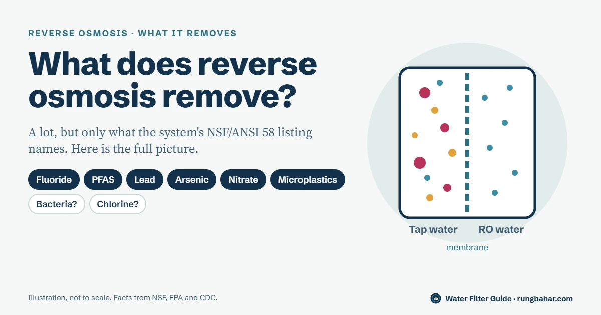 Title graphic for what does reverse osmosis remove, with fluoride, PFAS, lead, arsenic, nitrate and microplastics highlighted and bacteria and chlorine marked as questions
