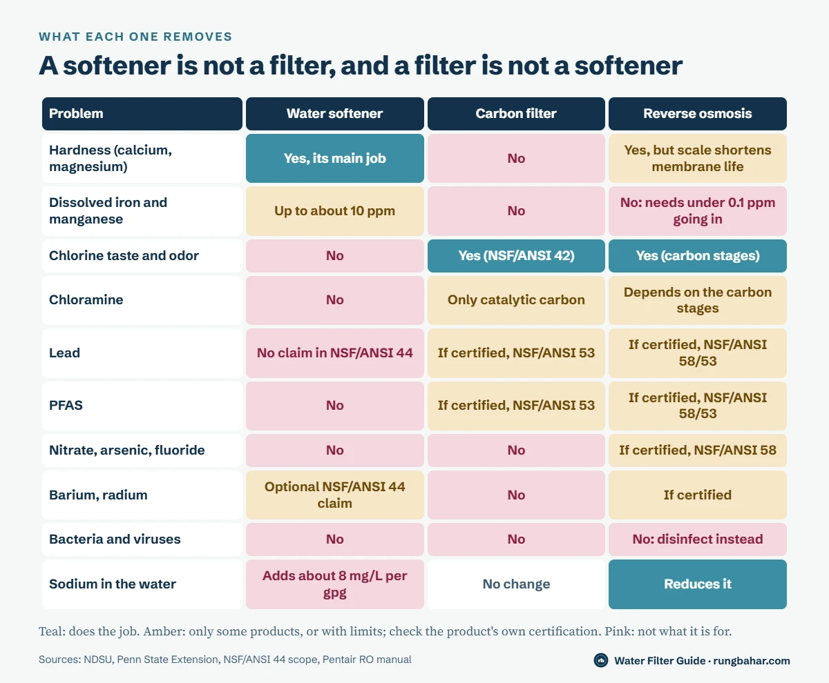 Comparison table: softener removes hardness and up to about 10 ppm iron but not chlorine, lead, PFAS, nitrate or bacteria and adds sodium; carbon handles chlorine and certified lead or PFAS; RO handles certified nitrate, arsenic, fluoride and lowers sodium