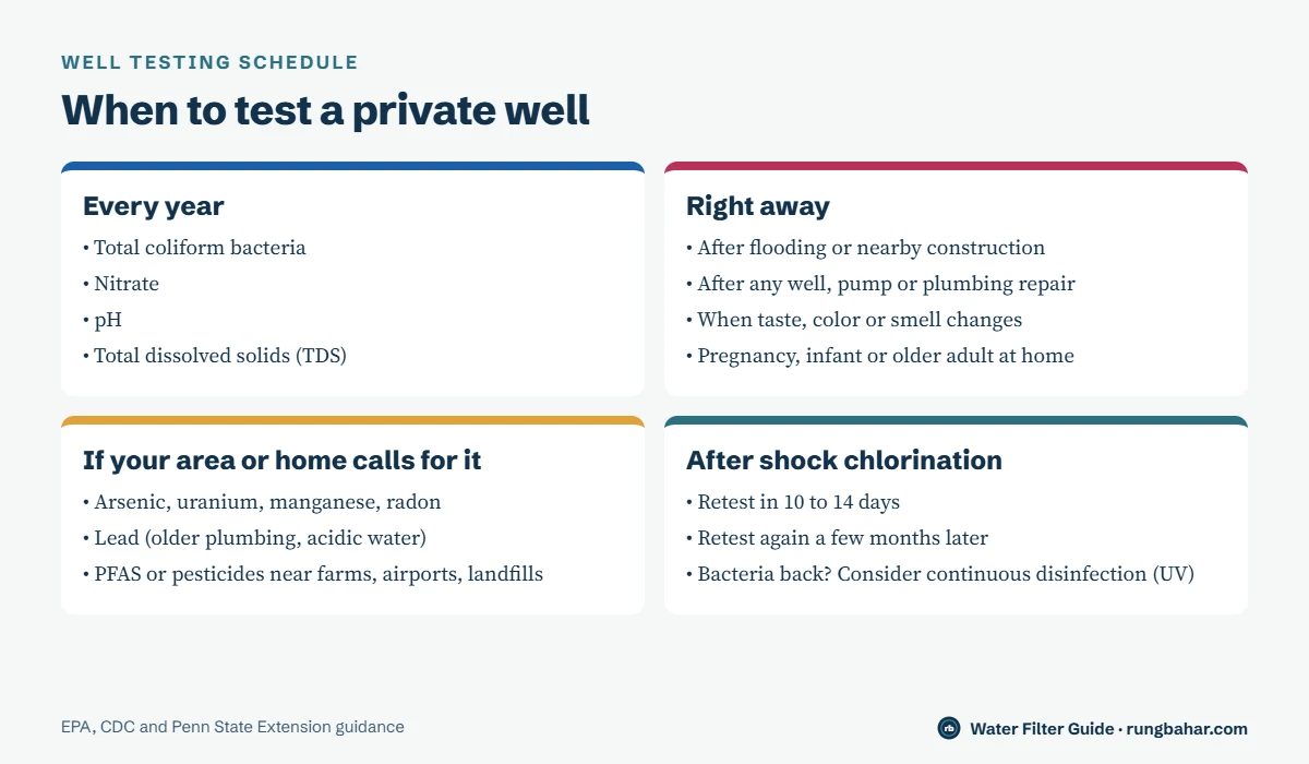 Well testing schedule: every year for coliform bacteria, nitrate, pH and TDS; right away after floods, repairs, taste changes or with a pregnancy or infant; arsenic, radon, lead or PFAS where relevant; retest 10 to 14 days after shock chlorination