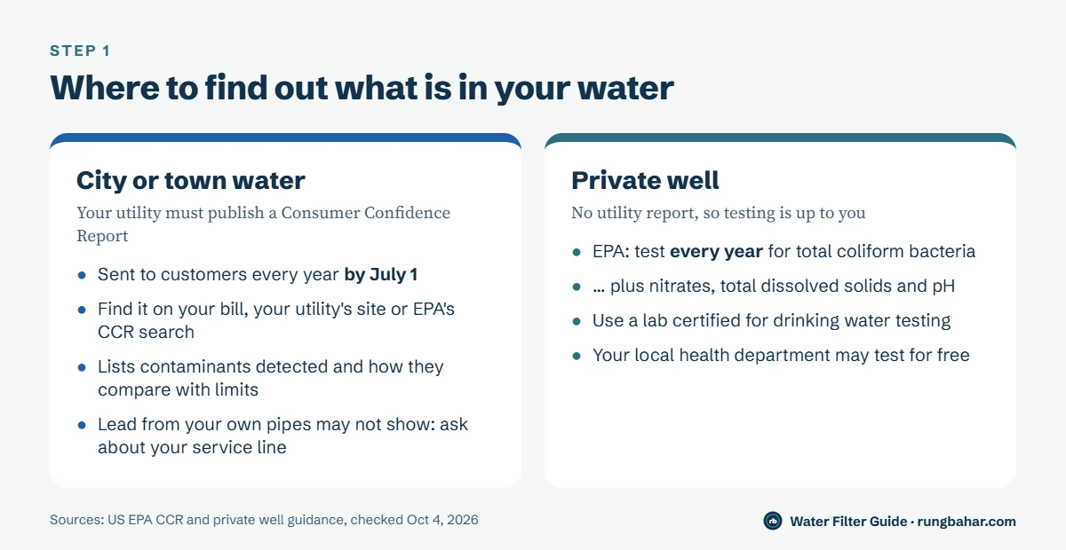 Two cards: city water customers get a Consumer Confidence Report by July 1 each year; private well owners should test every year for total coliform bacteria, nitrates, total dissolved solids and pH